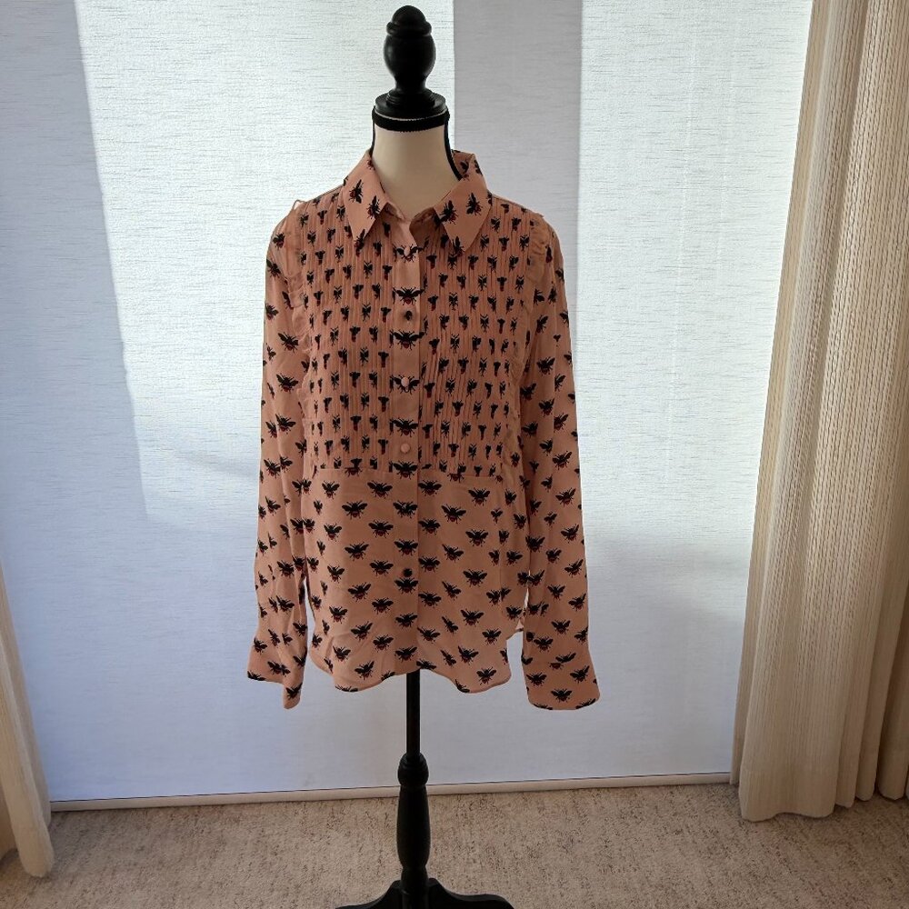 Markus Lupfer Pink Bee Print Silk Blend Blouse Pleated Front Size L